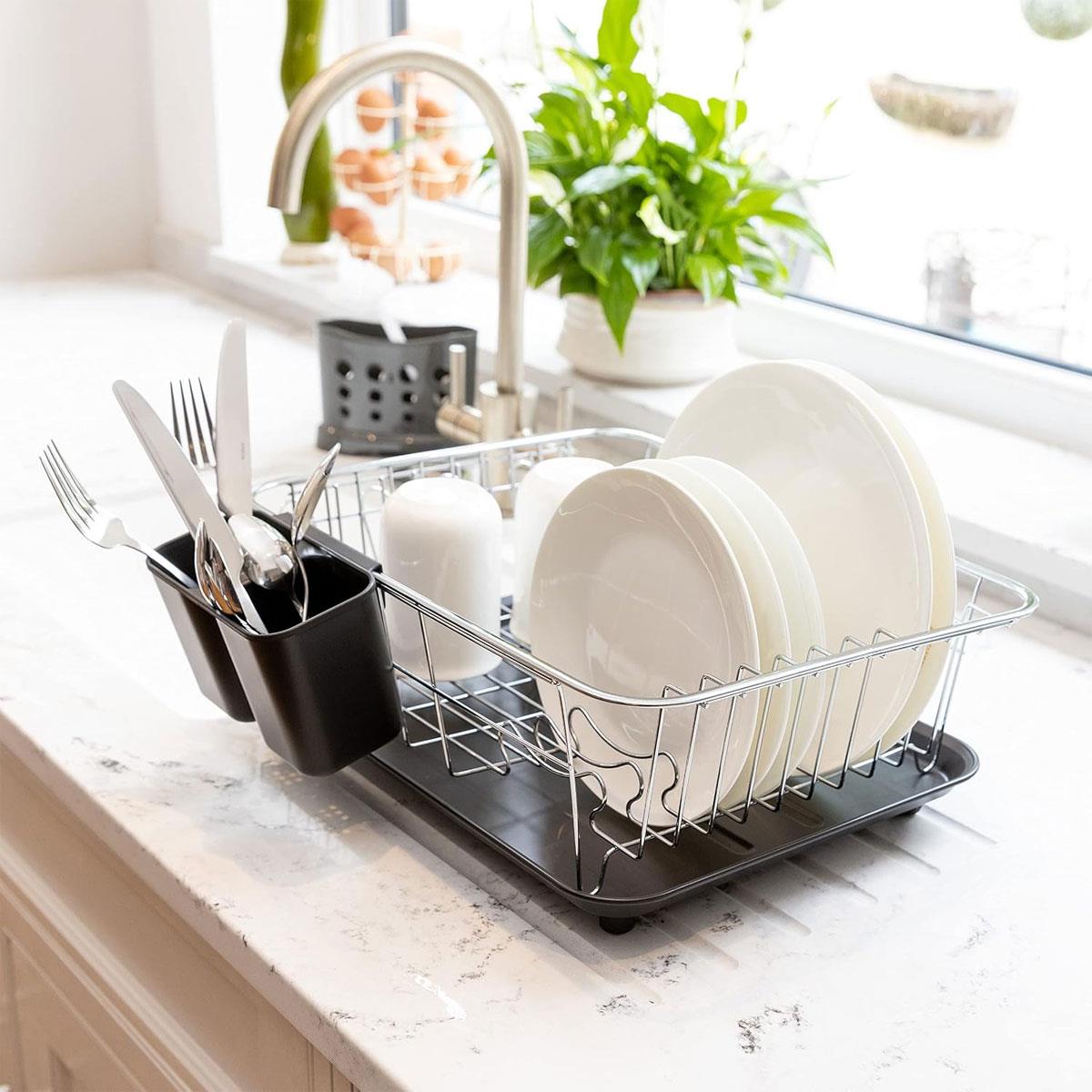 KitchenCraft Stainless Steel Dish Drainer Rack with Drip Tray Black 42 x 30.5 x 15.5 cm - Image 7