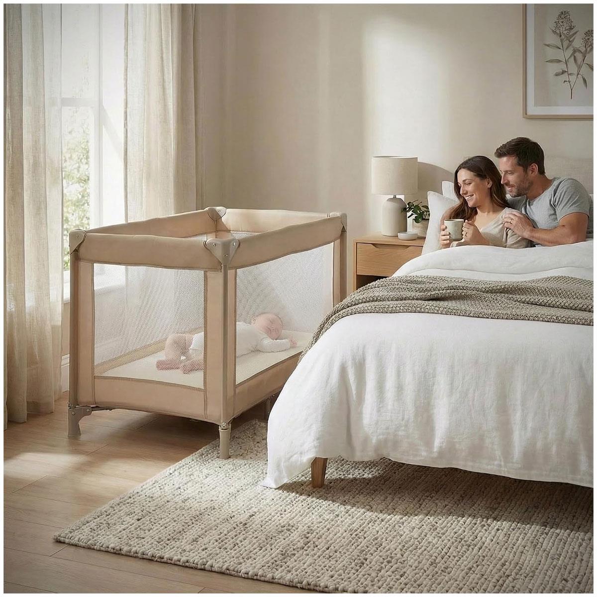 Red Kite Sleeptight Travel Cot Biscotti with Padded Mattress Mesh Panels Birth to 15kg Beige - Image 2
