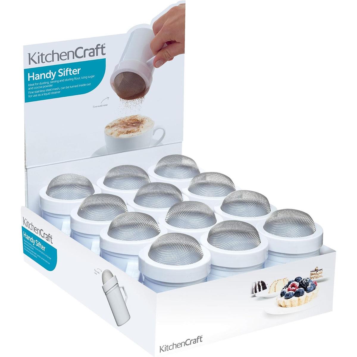 KitchenCraft Fine Mesh Shakers 8.5cm White Plastic with Stainless Steel Mesh Display of 12 - Image 2
