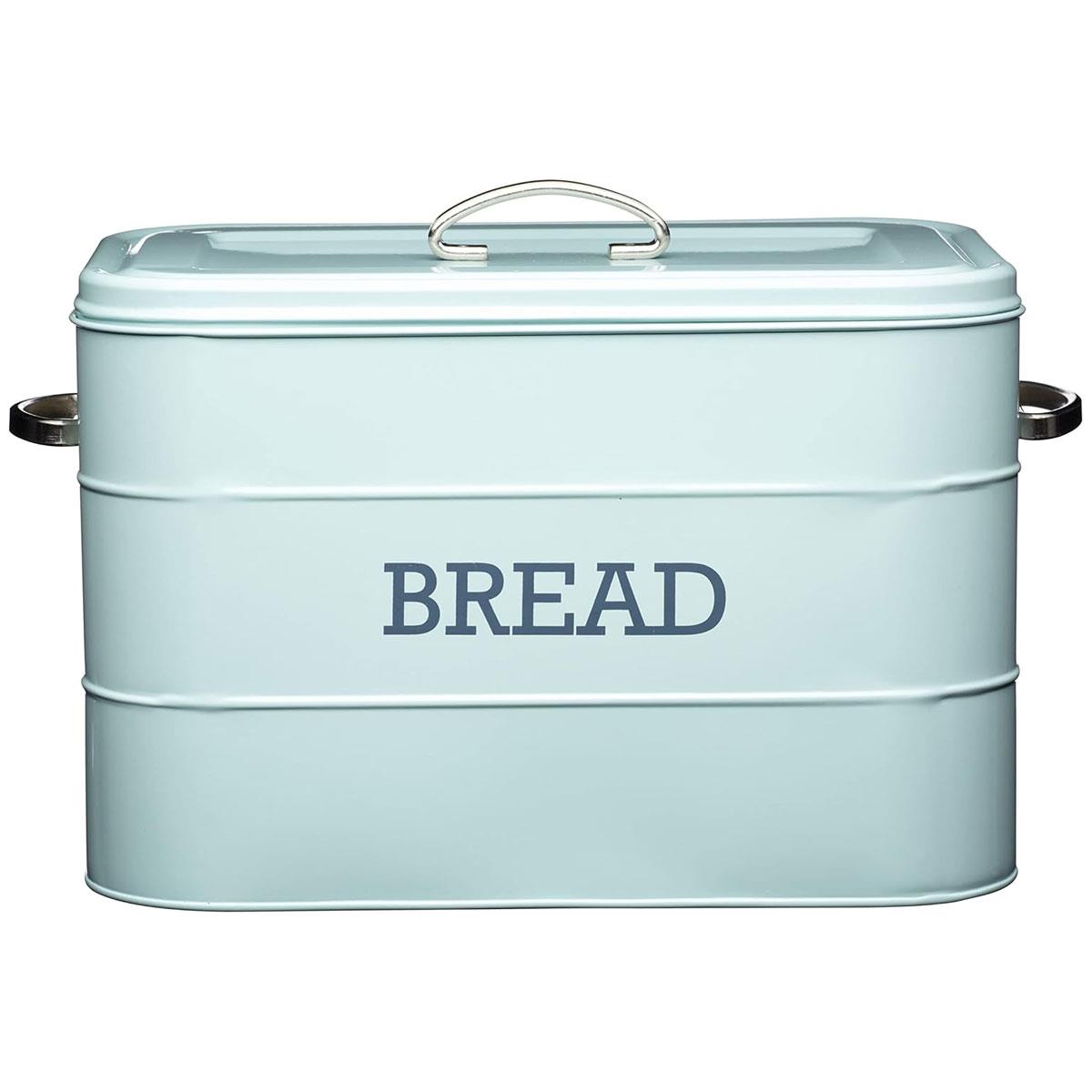 KitchenCraft Metal Bread Bin Living Nostalgia Vintage Blue Carbon Steel 34 x 21.5 x 25 cm with Lid and Handles