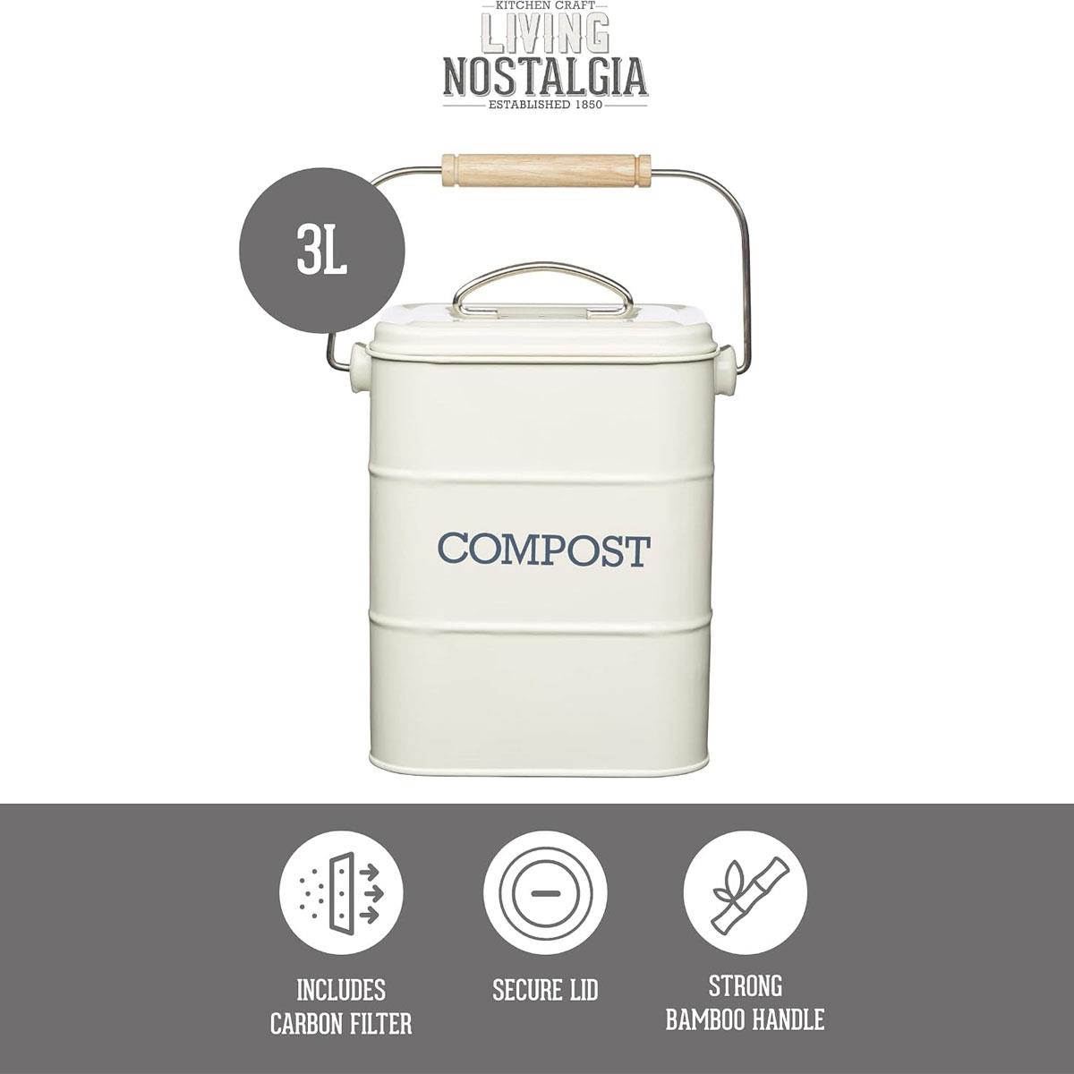 KitchenCraft Living Nostalgia Kitchen Compost Bin 3 Litre Carbon Steel Antique Cream Rectangular with Carbon Filter - Image 2
