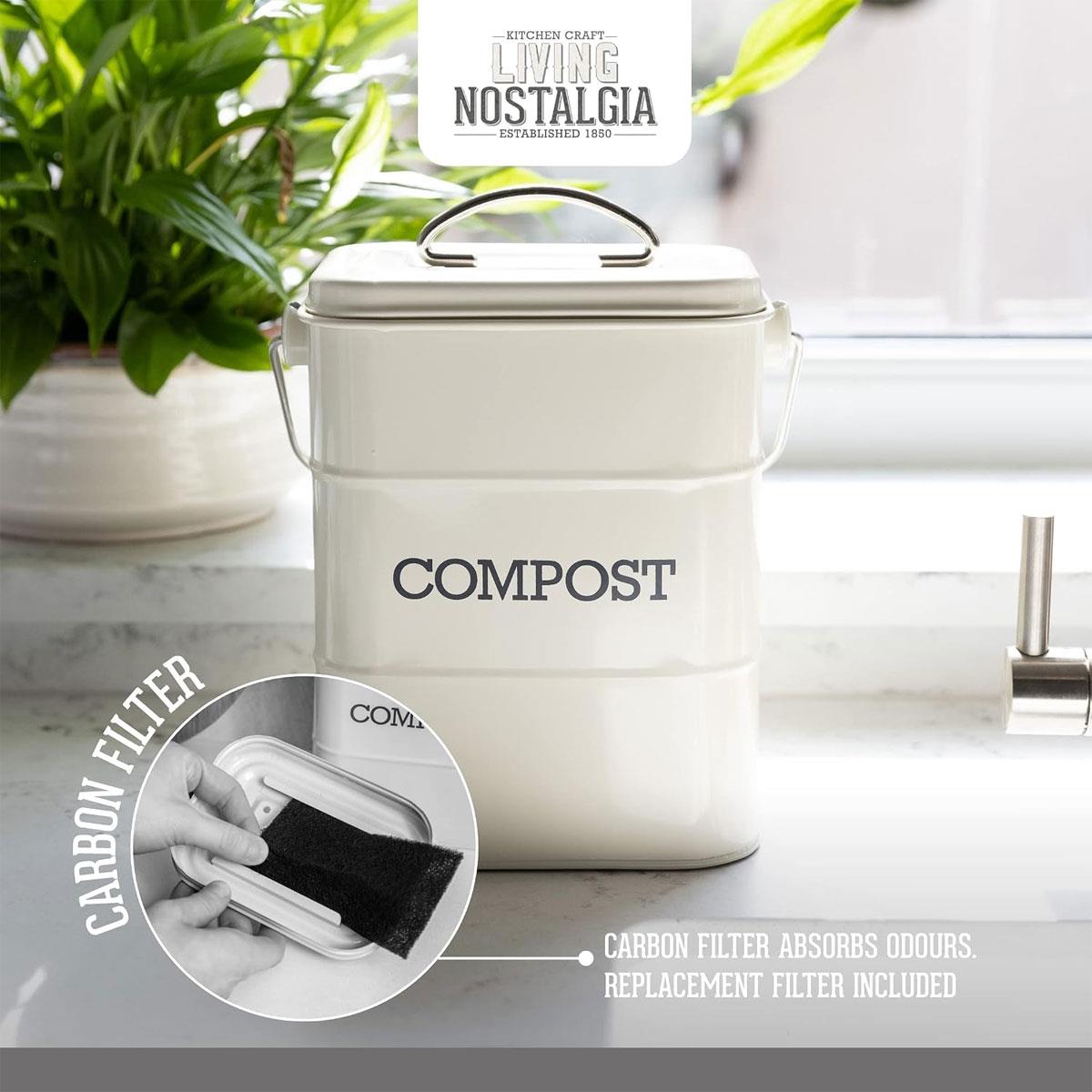 KitchenCraft Living Nostalgia Kitchen Compost Bin 3 Litre Carbon Steel Antique Cream Rectangular with Carbon Filter - Image 3