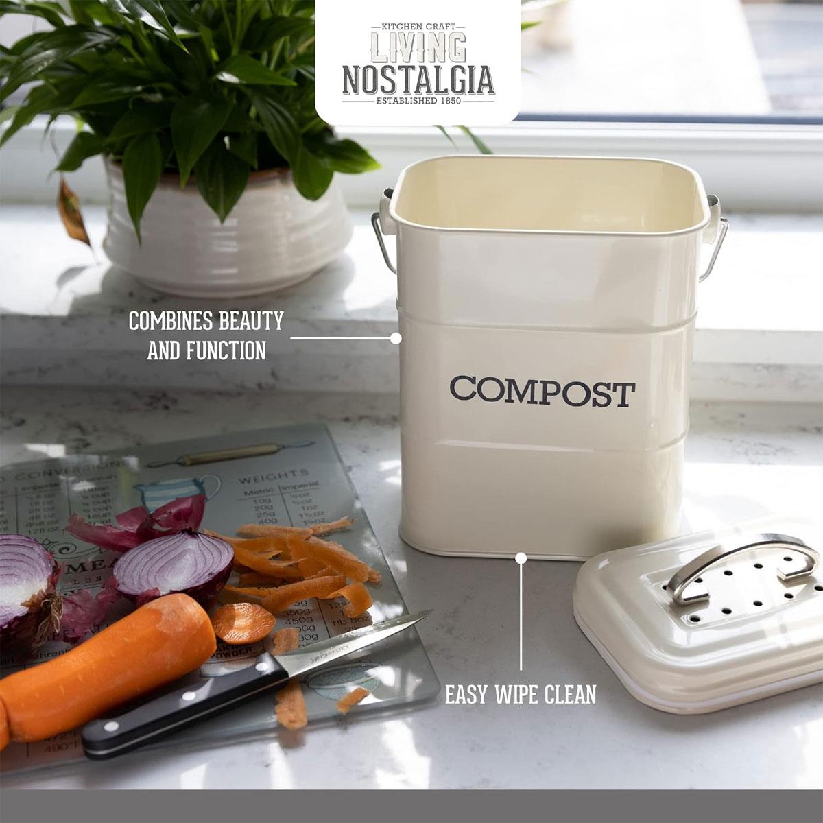 KitchenCraft Living Nostalgia Kitchen Compost Bin 3 Litre Carbon Steel Antique Cream Rectangular with Carbon Filter - Image 4