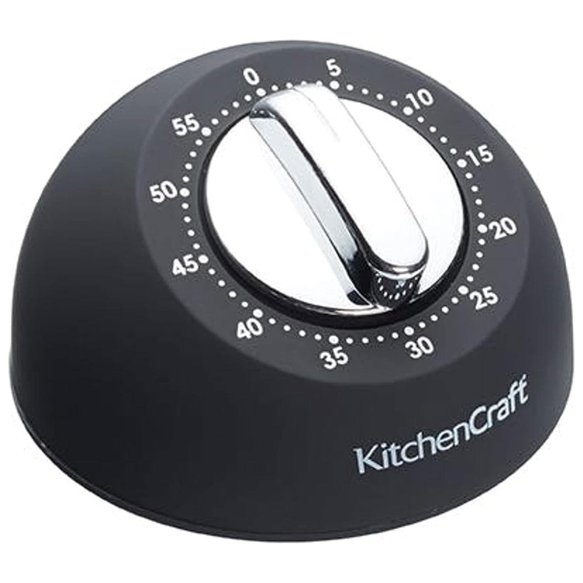 KitchenCraft Mechanical Kitchen Timer 59-Minute Countdown Soft Touch Black Body Chrome-Look Knob