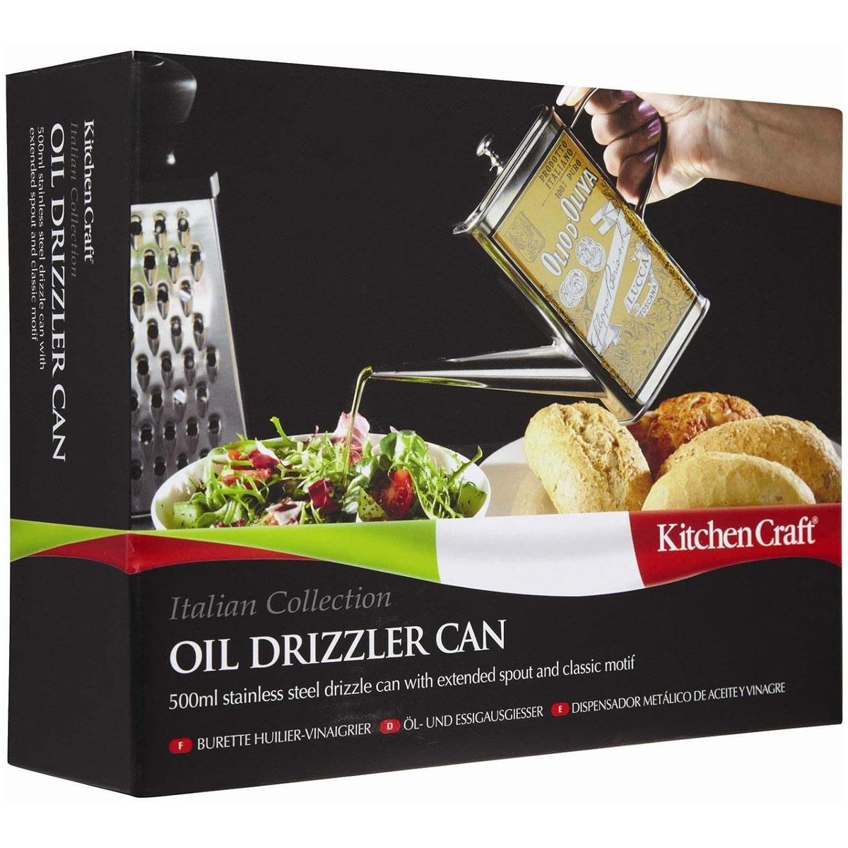 KitchenCraft World of Flavours Olive Oil Drizzler Can Stainless Steel Vintage Decorative Print Silver 500 ml - Image 4