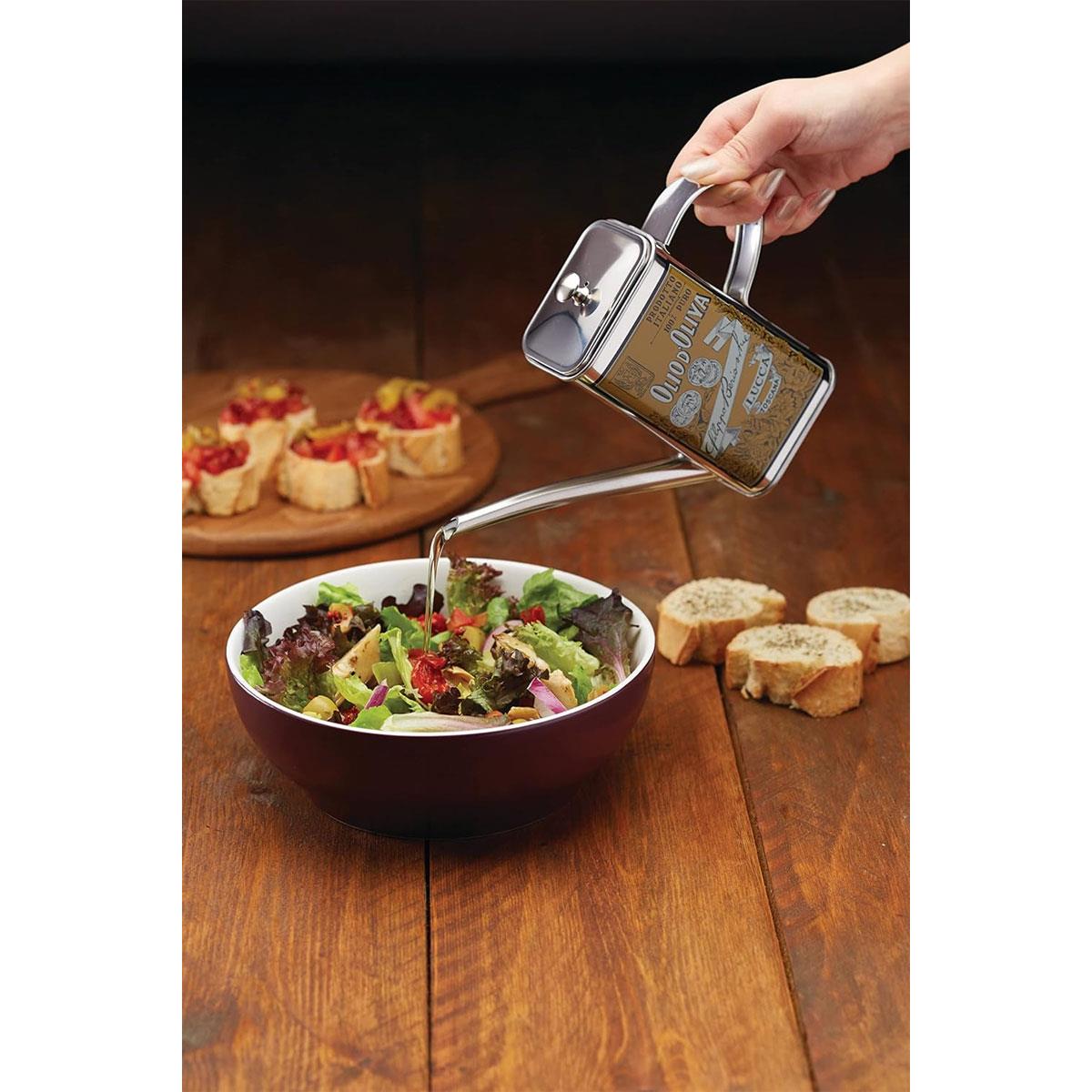 KitchenCraft World of Flavours Olive Oil Drizzler Can Stainless Steel Vintage Decorative Print Silver 500 ml - Image 5