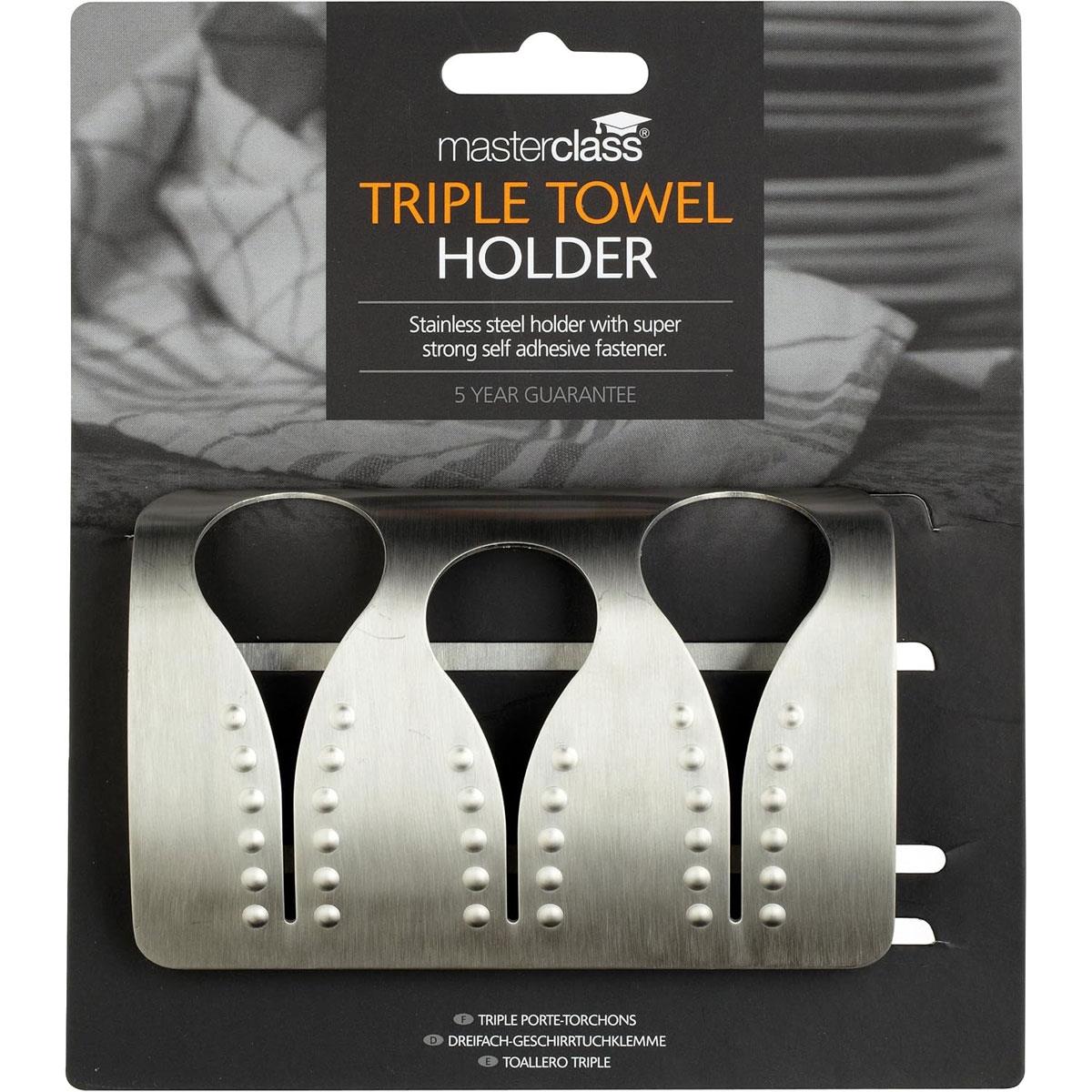 MasterClass Stainless Steel Triple Tea Towel Holder Brushed Silver Adhesive Mount - Image 2