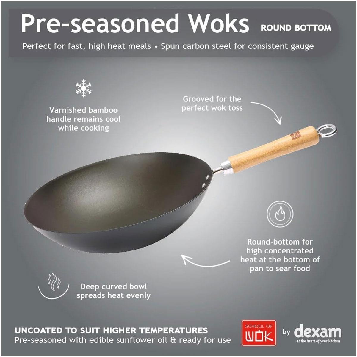 Dexam School of Wok Carbon Steel Wok 36cm 14 Inch Pre-Seasoned Flat Bottom Induction Compatible Bamboo Handle - Image 3