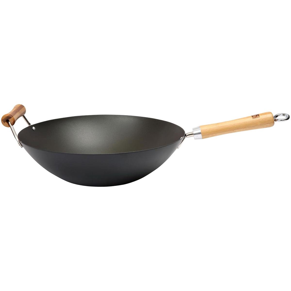 Dexam School of Wok Carbon Steel Wok 36cm 14 Inch Pre-Seasoned Flat Bottom Induction Compatible Bamboo Handle - Image 4