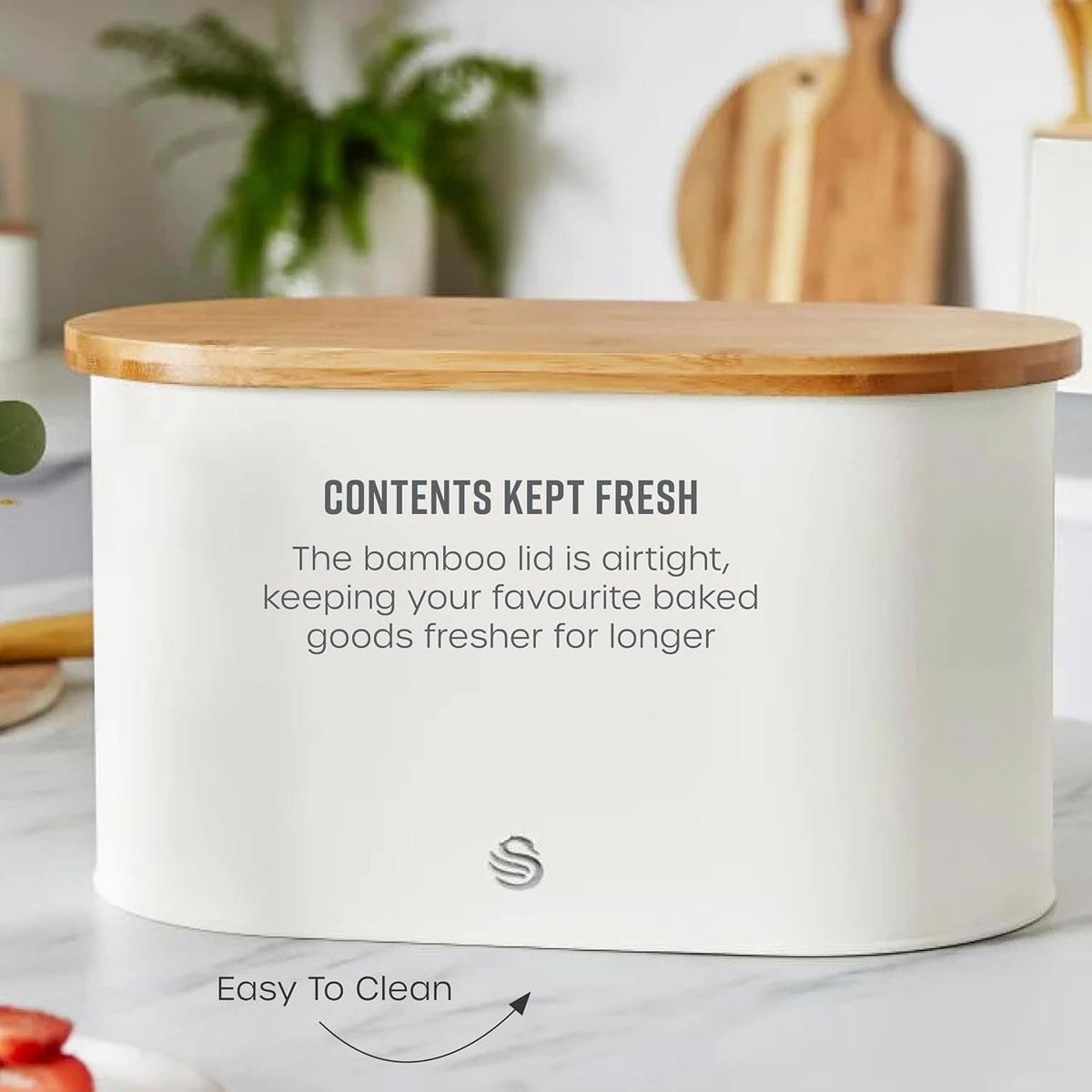 Swan Nordic Bread Bin with Bamboo Cutting Board Lid Cotton White Carbon Steel Oval Food Storage - Image 2