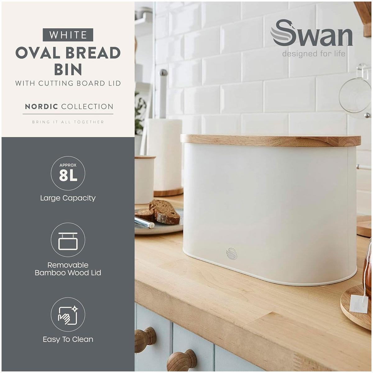 Swan Nordic Bread Bin with Bamboo Cutting Board Lid Cotton White Carbon Steel Oval Food Storage - Image 4