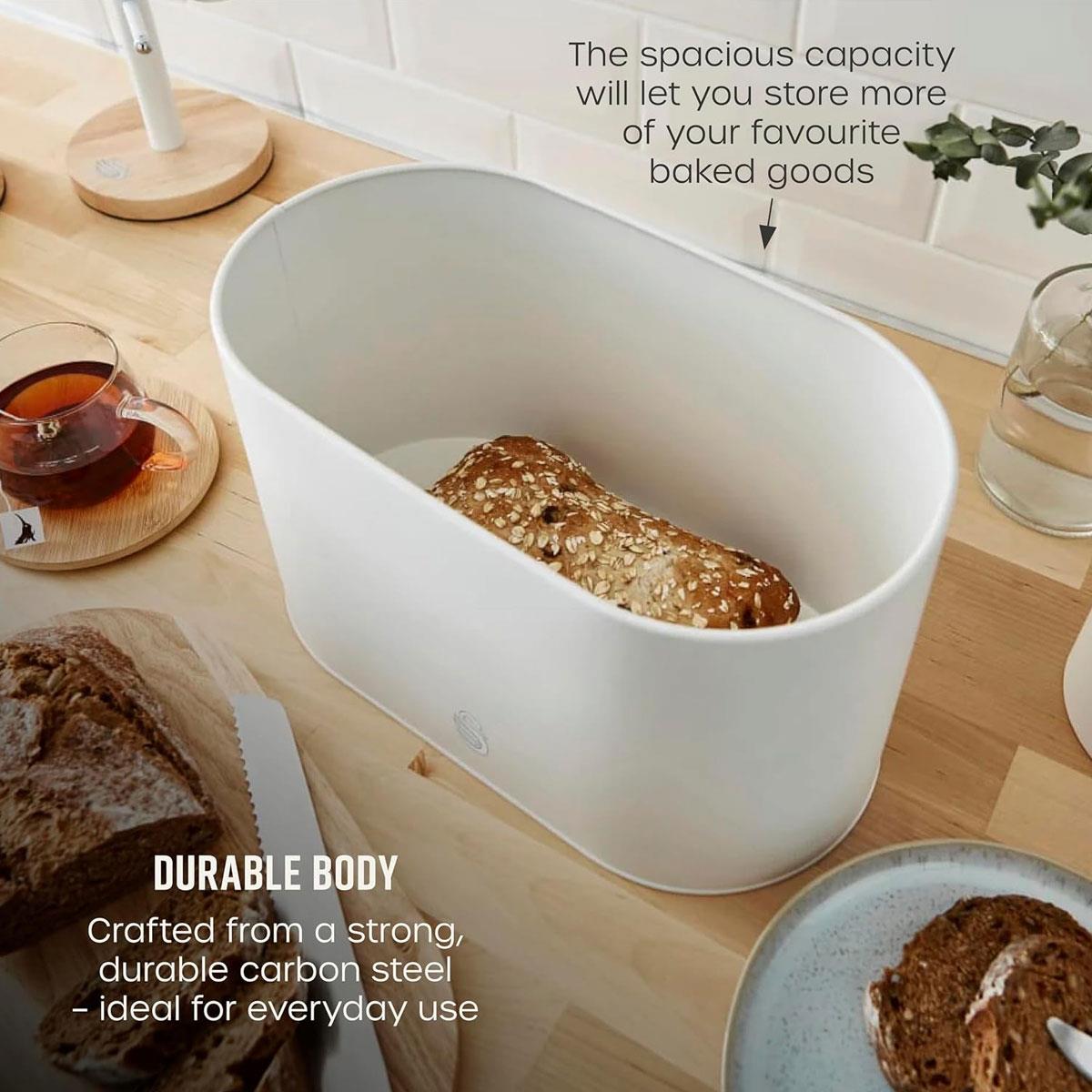 Swan Nordic Bread Bin with Bamboo Cutting Board Lid Cotton White Carbon Steel Oval Food Storage - Image 6