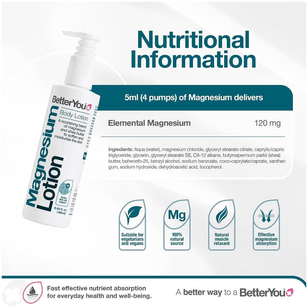 BetterYou Magnesium Body Lotion 180ml Shea Butter Natural Zechstein Magnesium Sensitive Skin Palm-Oil Free - Image 3