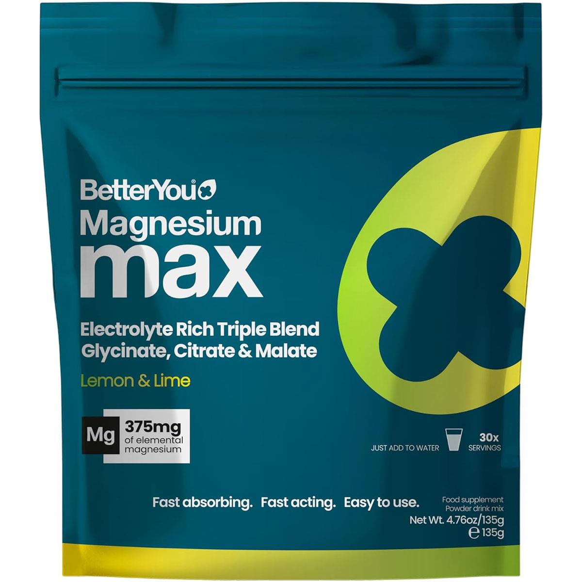 BetterYou Magnesium Max 3 in 1 Powder 135g Lemon & Lime 375mg Magnesium Glycinate Citrate & Malate Vegan