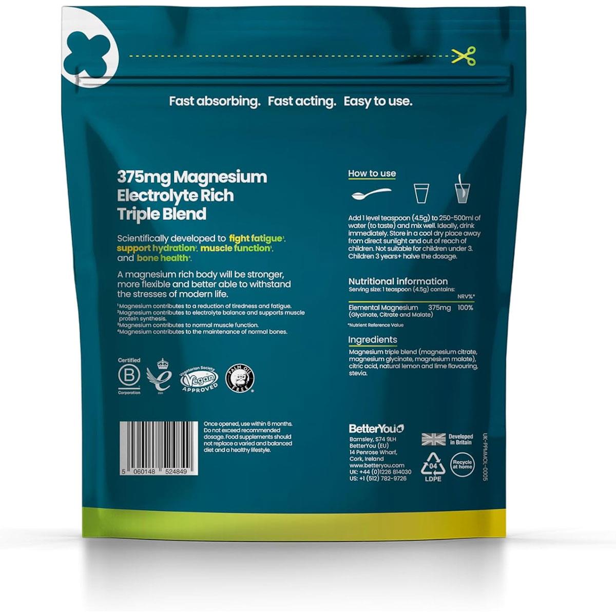 BetterYou Magnesium Max 3 in 1 Powder 135g Lemon & Lime 375mg Magnesium Glycinate Citrate & Malate Vegan - Image 2