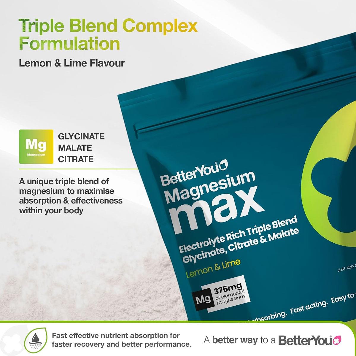 BetterYou Magnesium Max 3 in 1 Powder 135g Lemon & Lime 375mg Magnesium Glycinate Citrate & Malate Vegan - Image 5