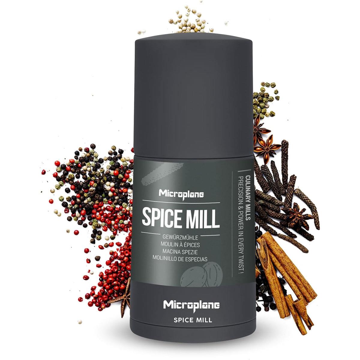Microplane 2-in-1 Spice Mill Afterdark Grey Manual Grater with Stainless Steel Blade & Airtight Spice Storage