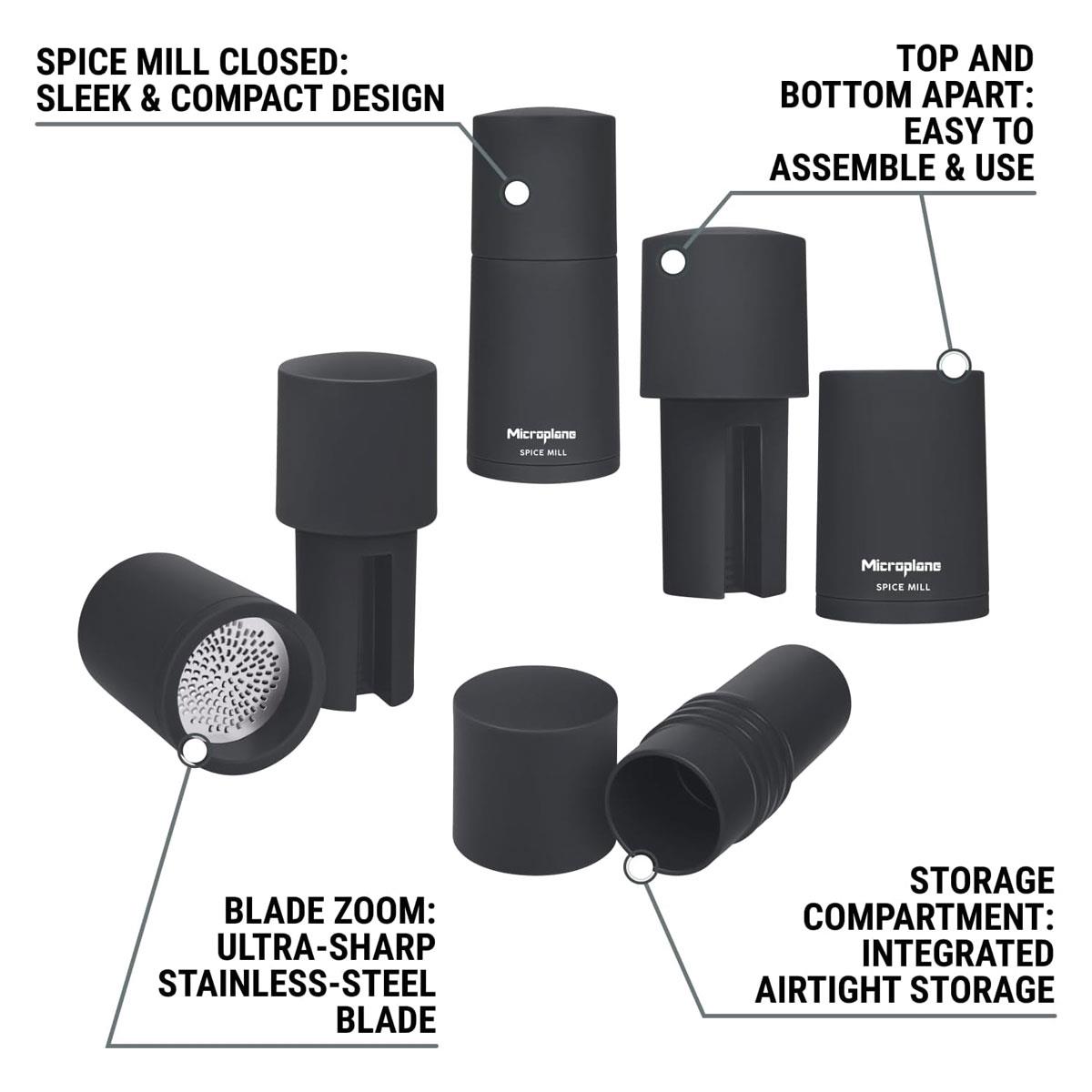 Microplane 2-in-1 Spice Mill Afterdark Grey Manual Grater with Stainless Steel Blade & Airtight Spice Storage - Image 3