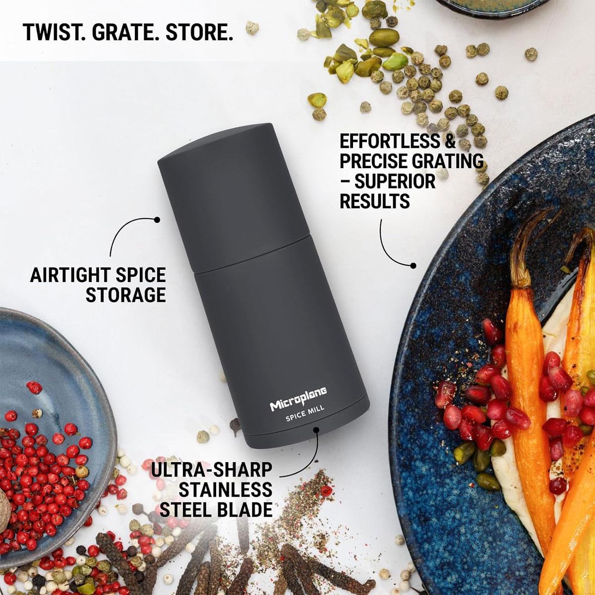 Microplane 2-in-1 Spice Mill Afterdark Grey Manual Grater with Stainless Steel Blade & Airtight Spice Storage - Image 4