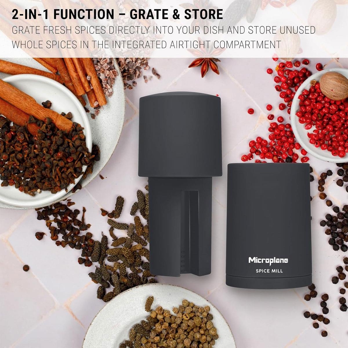 Microplane 2-in-1 Spice Mill Afterdark Grey Manual Grater with Stainless Steel Blade & Airtight Spice Storage - Image 6