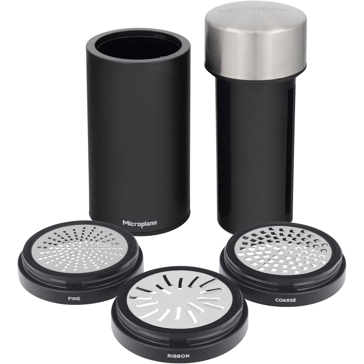 Microplane Universal Mill Grater Stainless Steel 3 Interchangeable Blades Black with Lid