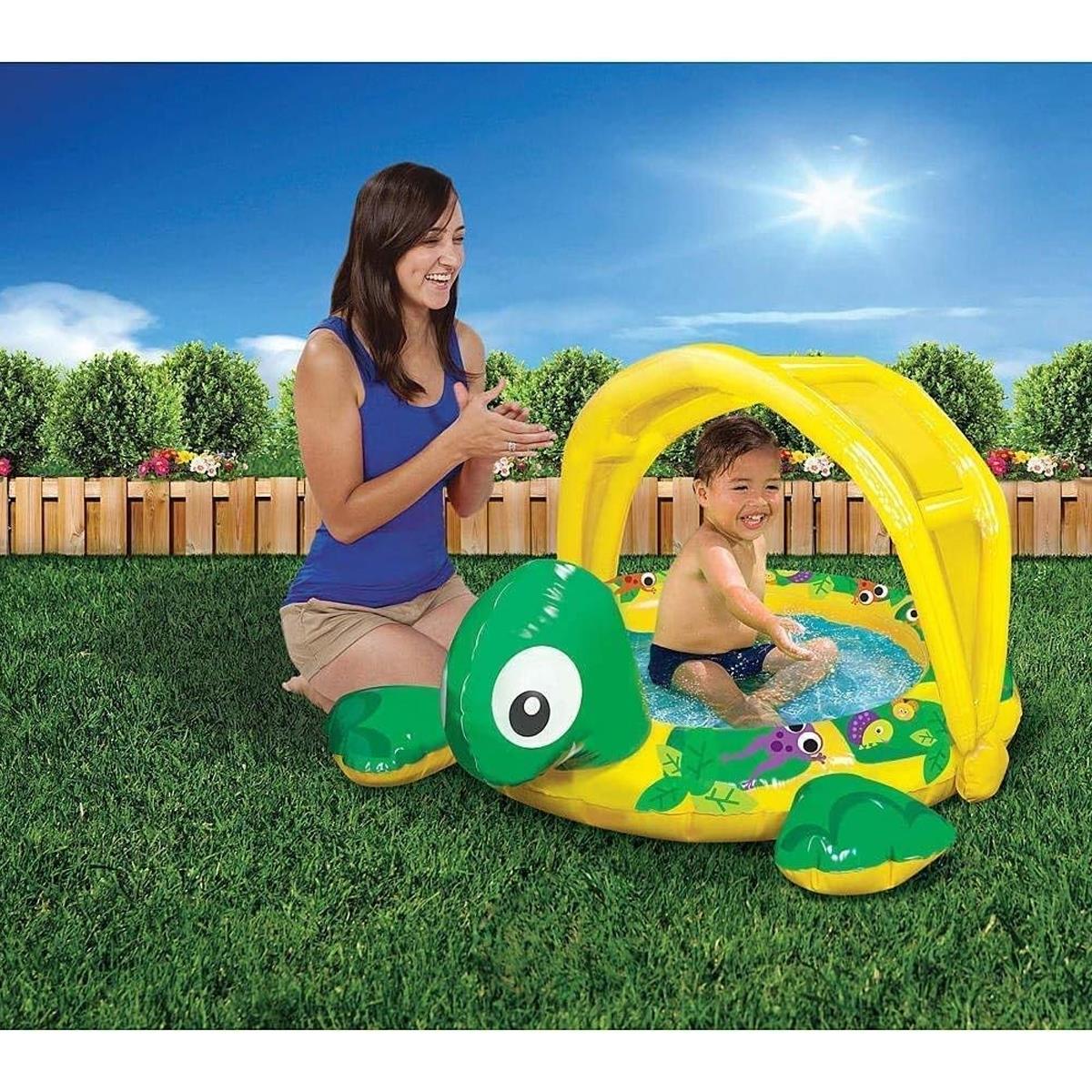 Banzai Inflatable Toddler Pool Shady Time Turtle PVC With Sun Canopy Multicolor