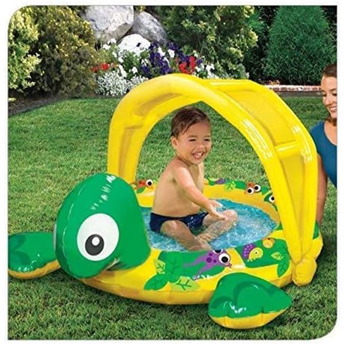Banzai Inflatable Toddler Pool Shady Time Turtle PVC With Sun Canopy Multicolor - Image 3