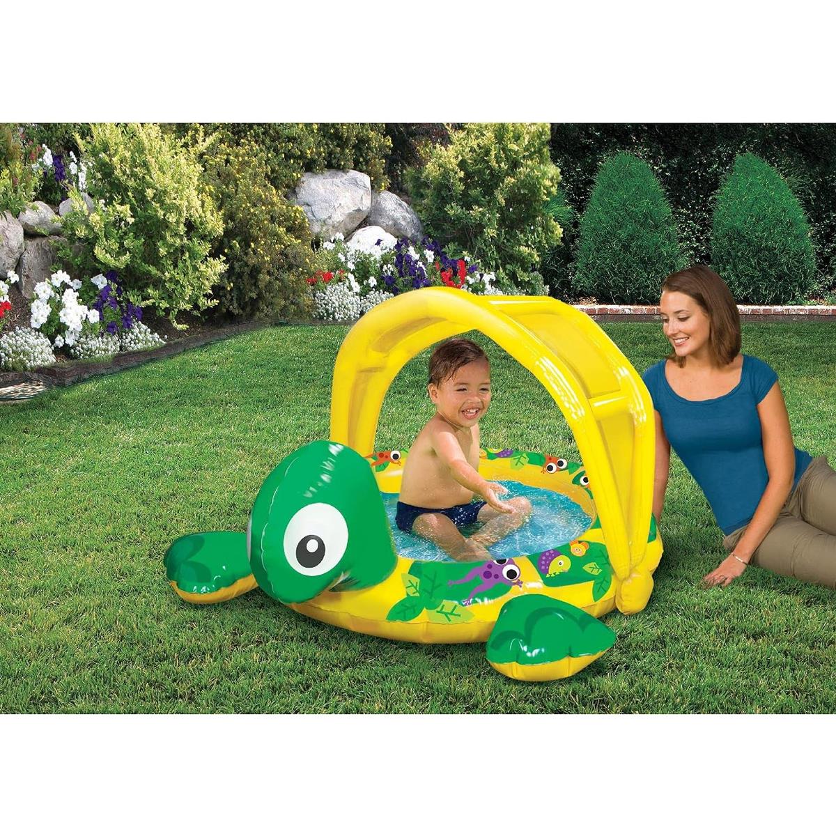 Banzai Inflatable Toddler Pool Shady Time Turtle PVC With Sun Canopy Multicolor - Image 4