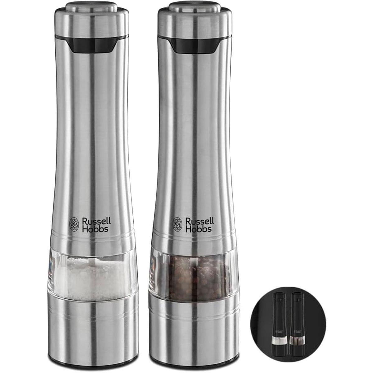 Russell Hobbs Electric Salt & Pepper Mill Set 2-Piece Stainless Steel Adjustable Ceramic Grinder LED Light Silver