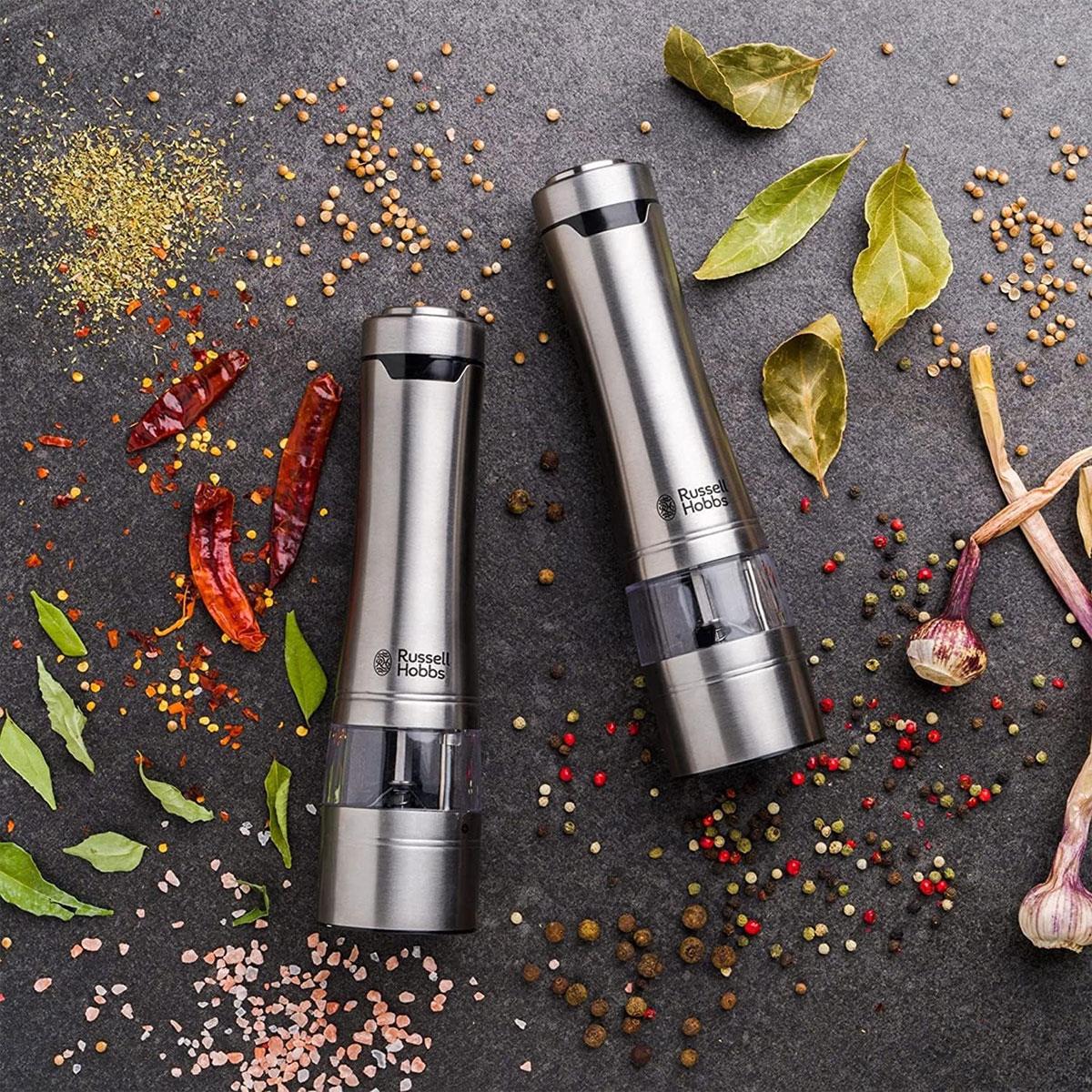 Russell Hobbs Electric Salt & Pepper Mill Set 2-Piece Stainless Steel Adjustable Ceramic Grinder LED Light Silver - Image 2