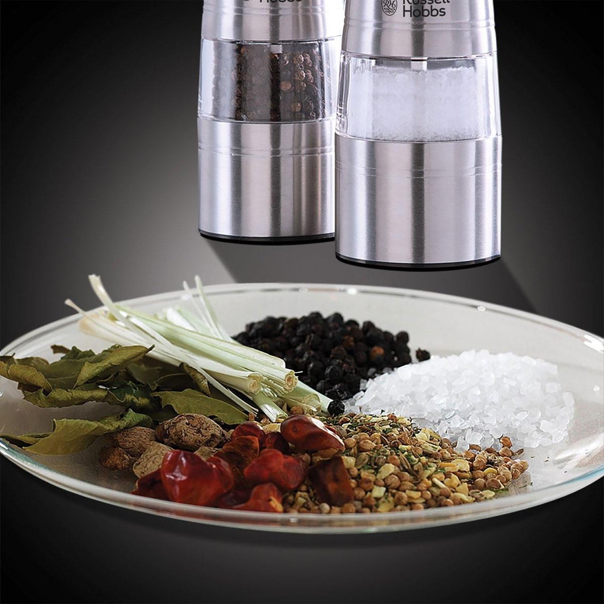 Russell Hobbs Electric Salt & Pepper Mill Set 2-Piece Stainless Steel Adjustable Ceramic Grinder LED Light Silver - Image 6