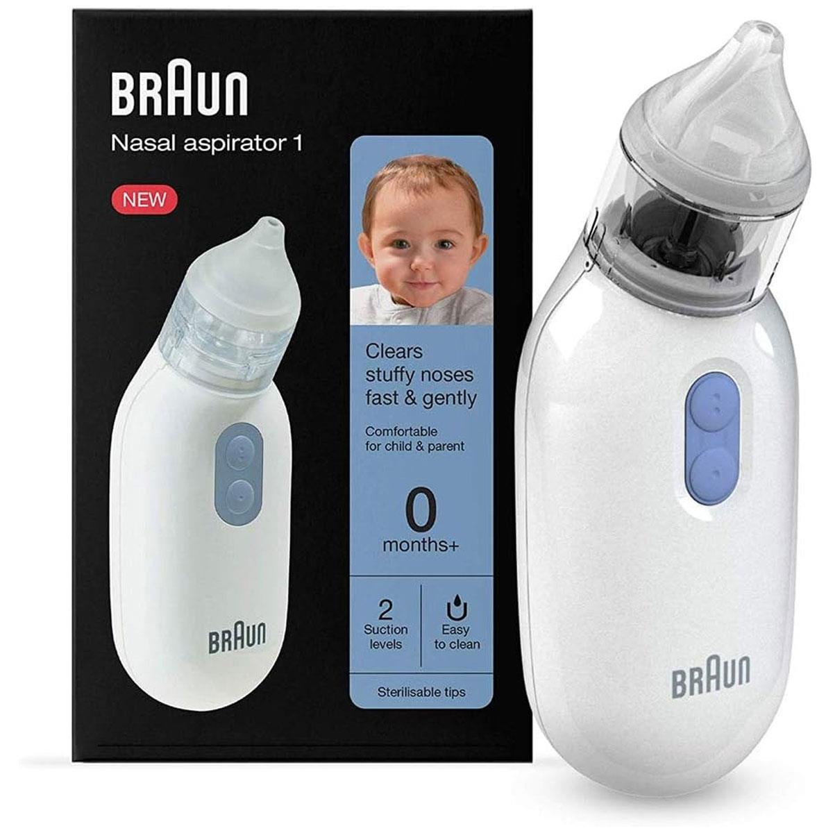 Braun Nasal Aspirator 1 Electric Baby Nose Cleaner 2 Suction Levels 2 Nose Tips BPA-Free White with 2 AA Batteries