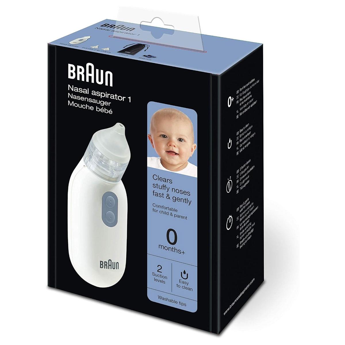 Braun Nasal Aspirator 1 Electric Baby Nose Cleaner 2 Suction Levels 2 Nose Tips BPA-Free White with 2 AA Batteries - Image 2