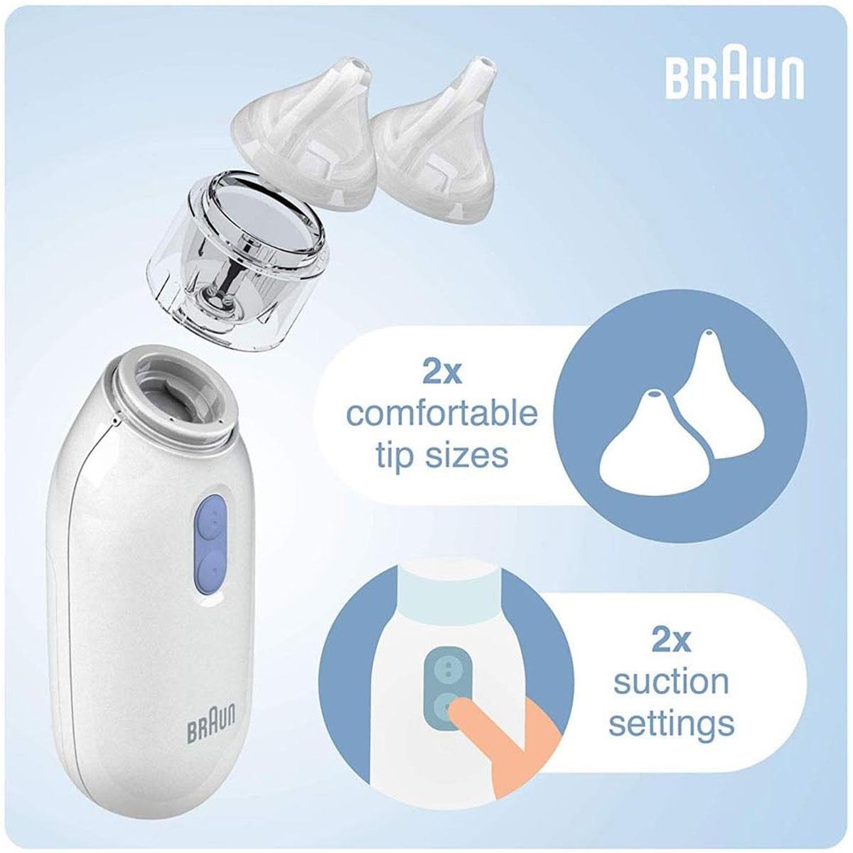 Braun Nasal Aspirator 1 Electric Baby Nose Cleaner 2 Suction Levels 2 Nose Tips BPA-Free White with 2 AA Batteries - Image 5