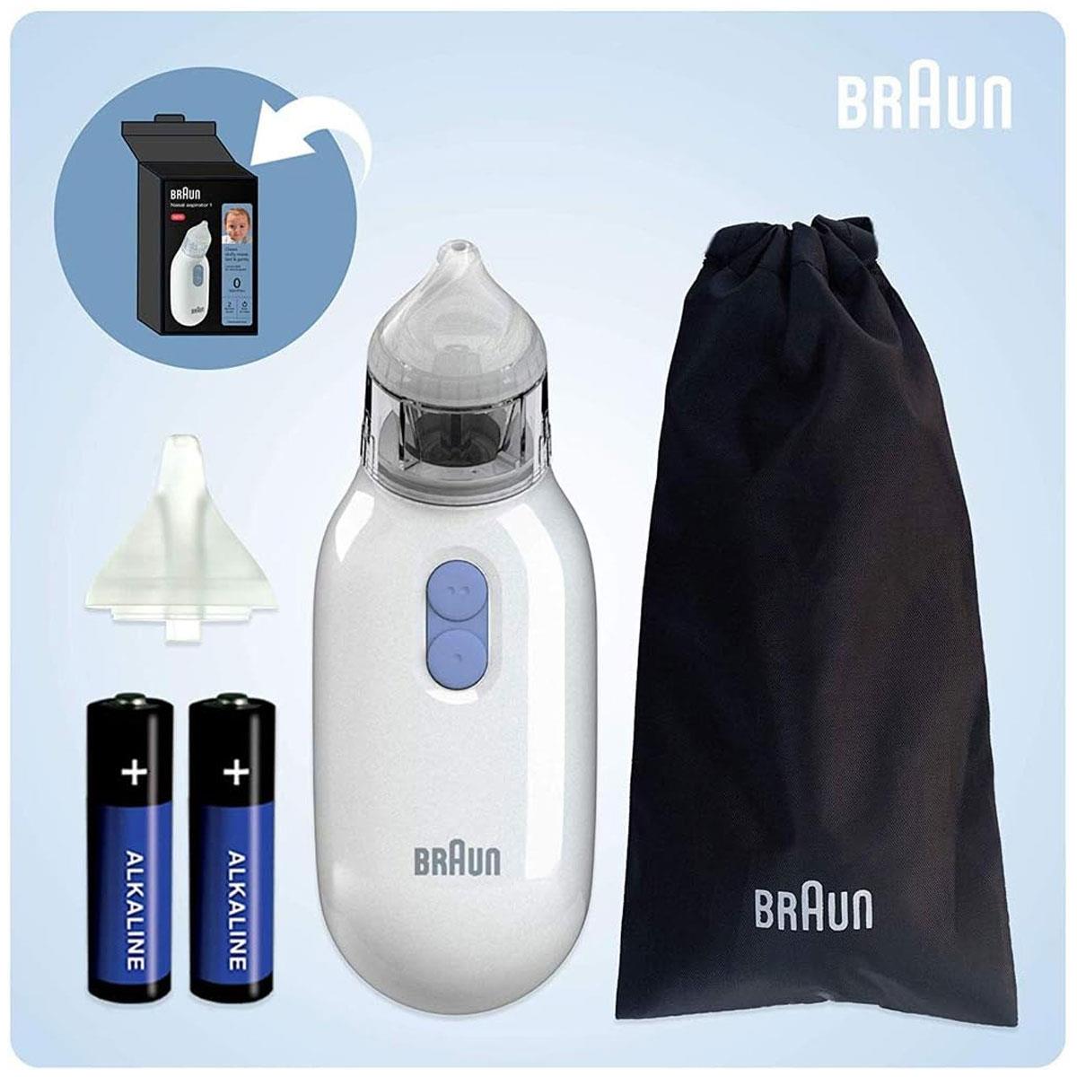 Braun Nasal Aspirator 1 Electric Baby Nose Cleaner 2 Suction Levels 2 Nose Tips BPA-Free White with 2 AA Batteries - Image 7