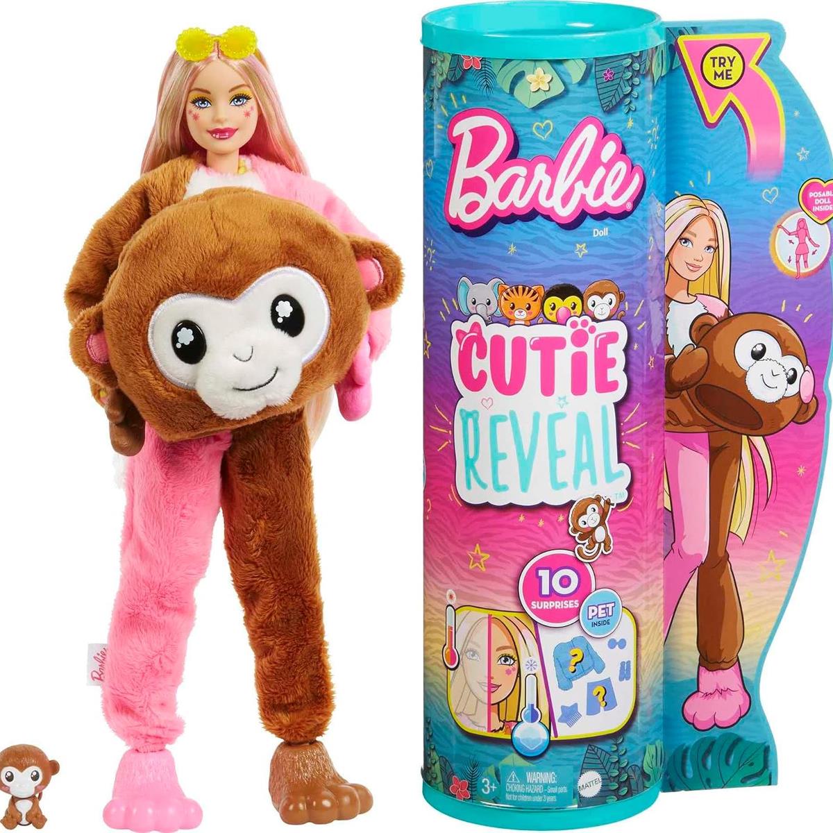 Barbie Cutie Reveal Jungle Series Monkey Doll 10 Surprises With Color Change Rainbow Hair And Mini Pet Ages 3+