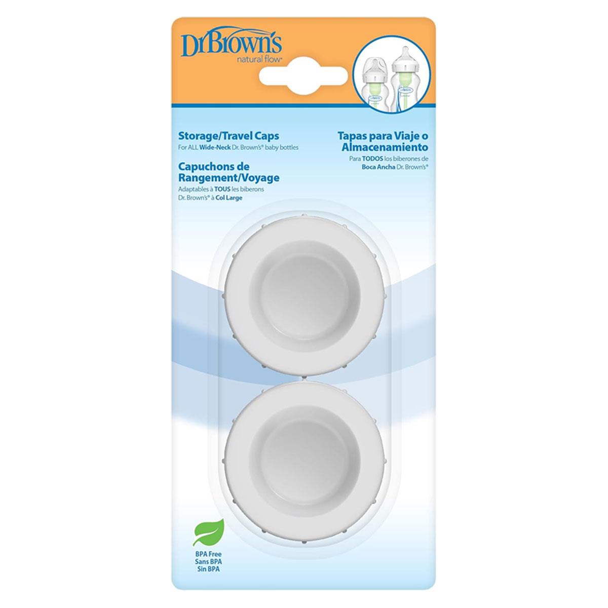 Dr Brown Baby Bottle Storage Travel Caps Natural Flow Wide-Neck White Pack of 2