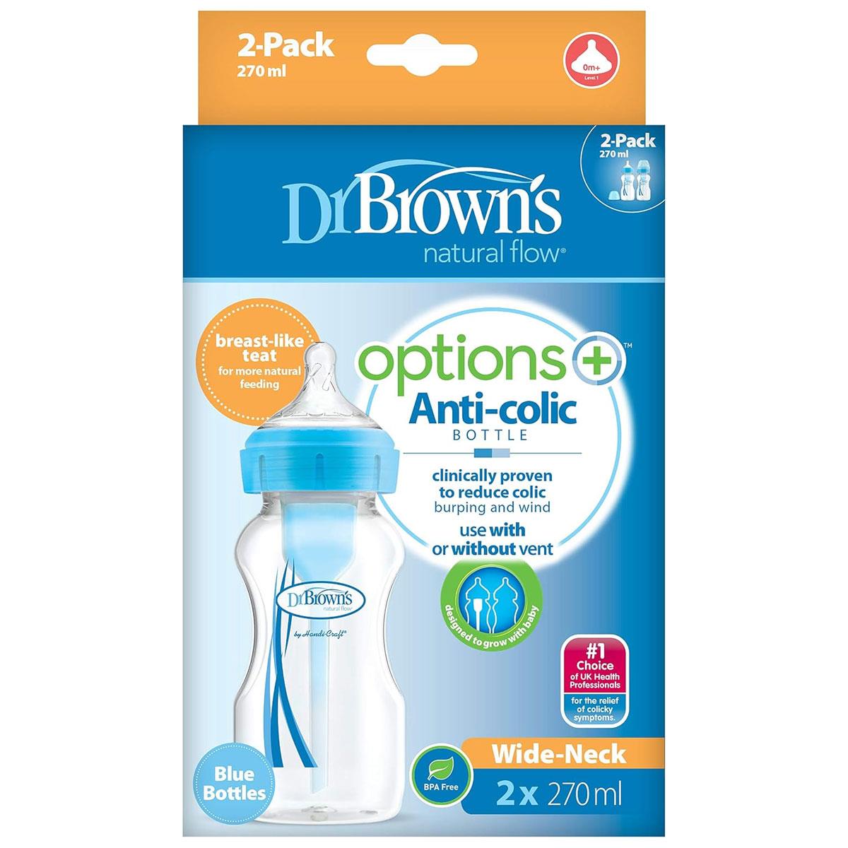 Dr Brown Options+ Anti-Colic Baby Bottle Wide-Neck 270ml Medium Flow Blue Pack of 2 - Image 8