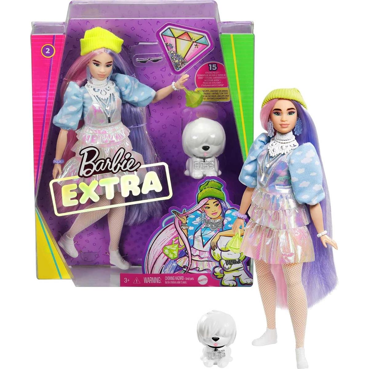 Barbie Extra Doll Curvy With Shimmery Pink And Purple Hair Fashion Outfit 15 Accessories And Puppy Pet