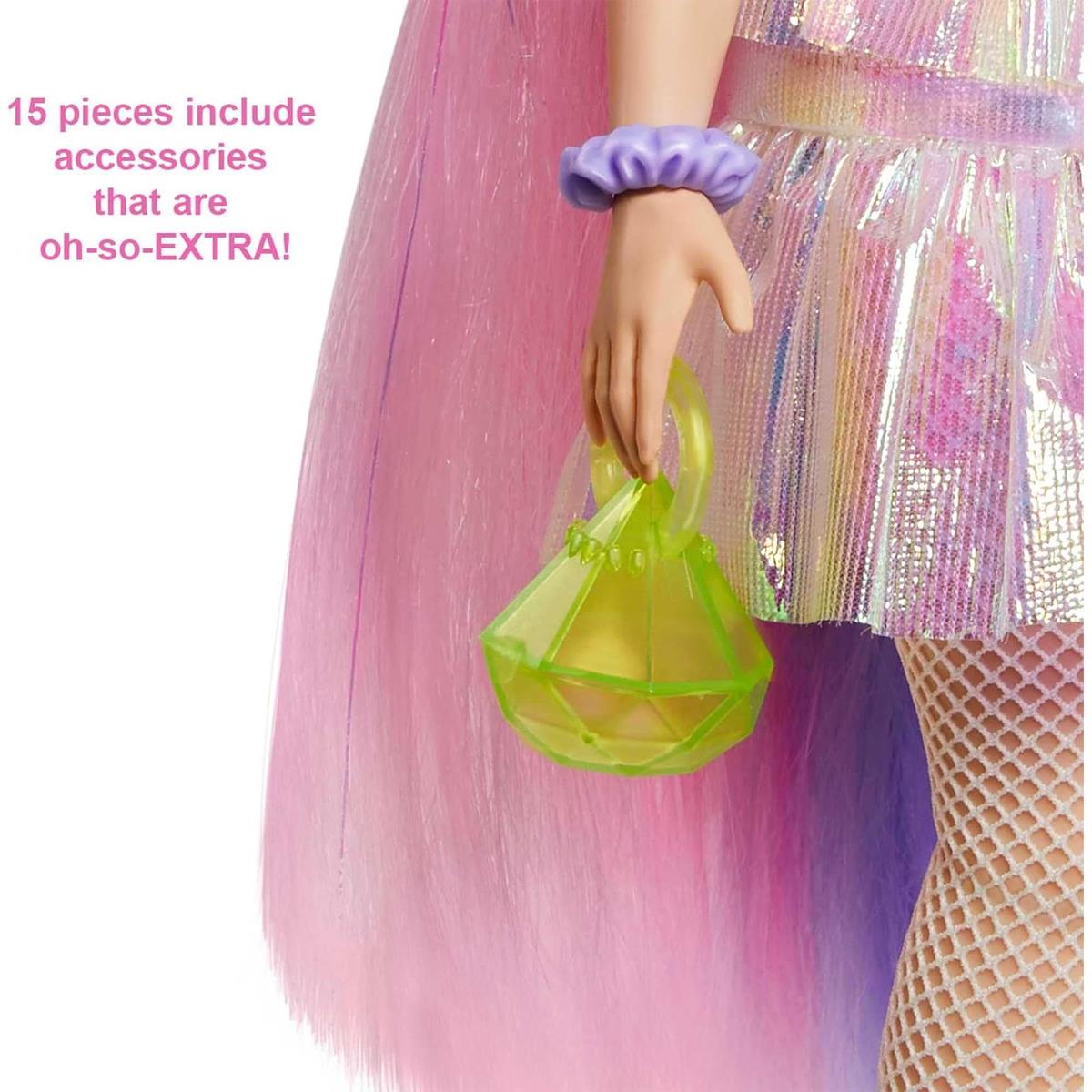 Barbie Extra Doll Curvy With Shimmery Pink And Purple Hair Fashion Outfit 15 Accessories And Puppy Pet - Image 3