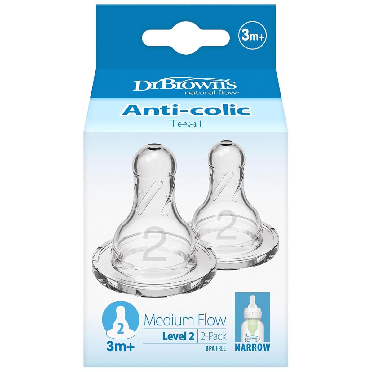 Dr Brown Options Narrow Neck Baby Bottle Teat Level 2 Medium Flow Silicone 3 Months+ Pack of 2 Transparent - Image 3