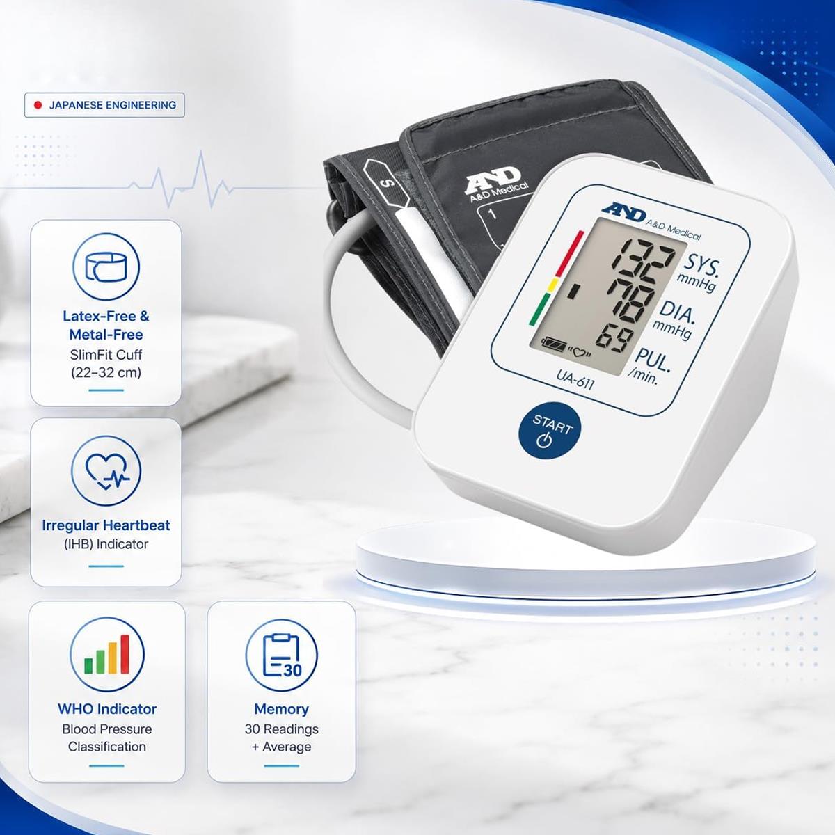 A&D Medical Digital Upper Arm Blood Pressure Monitor With 22-32cm SlimFit Cuff, IHB, WHO Indicator - Image 6
