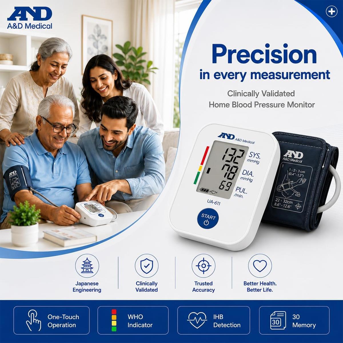 A&D Medical Digital Upper Arm Blood Pressure Monitor With 22-32cm SlimFit Cuff, IHB, WHO Indicator - Image 7