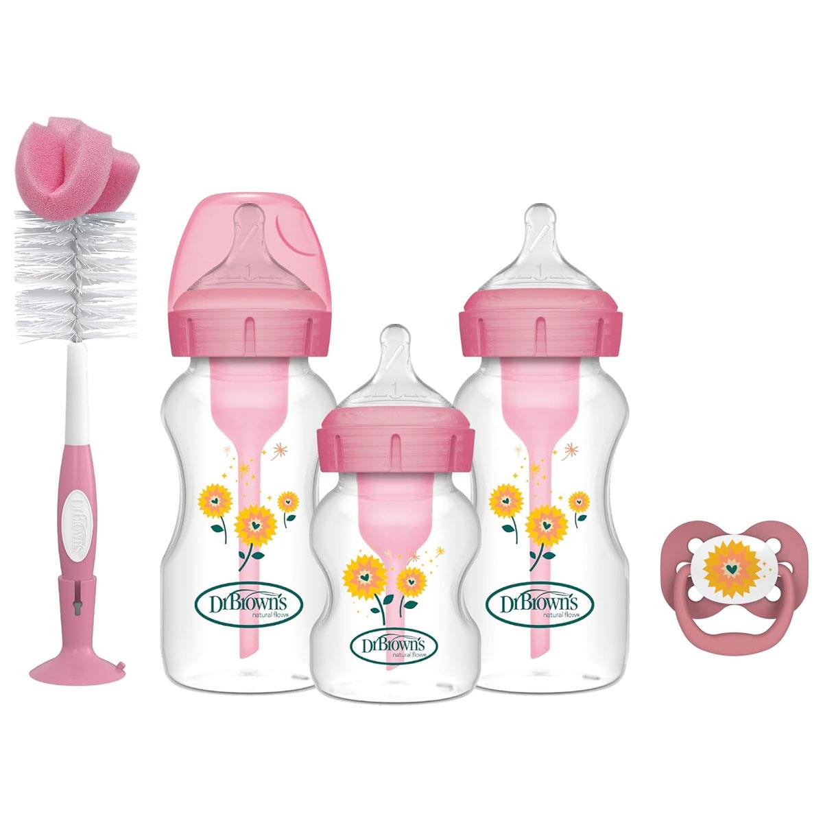 Dr Brown Options+ Anti-Colic Baby Bottle Gift Set 270ml Pink BPA-Free Slow Flow