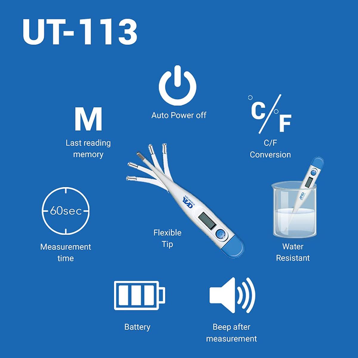 A&D Medical Digital Flex Tip Thermometer Blue And White, Oral, Underarm And Rectal, °C/°F, Water-Resistant - Image 4