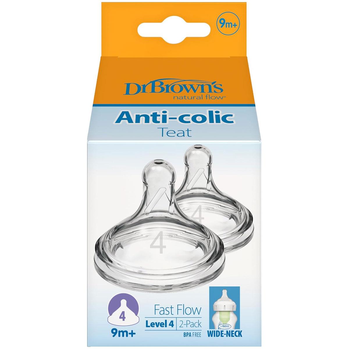 Dr Brown Options+ Level 4 Baby Bottle Teats Wide-Neck Fast Flow Silicone 9 Months+ Pack of 2 - Image 2