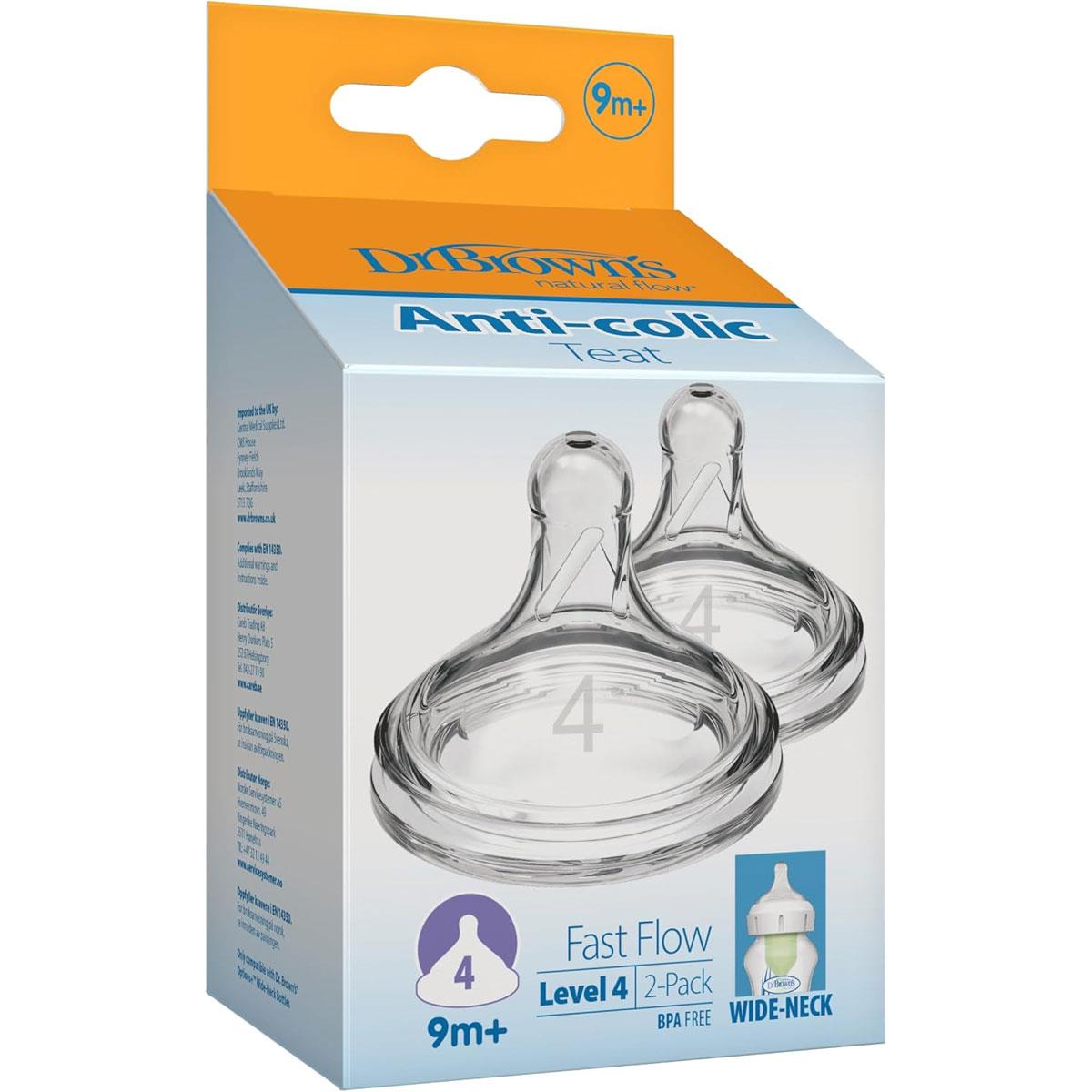 Dr Brown Options+ Level 4 Baby Bottle Teats Wide-Neck Fast Flow Silicone 9 Months+ Pack of 2 - Image 3