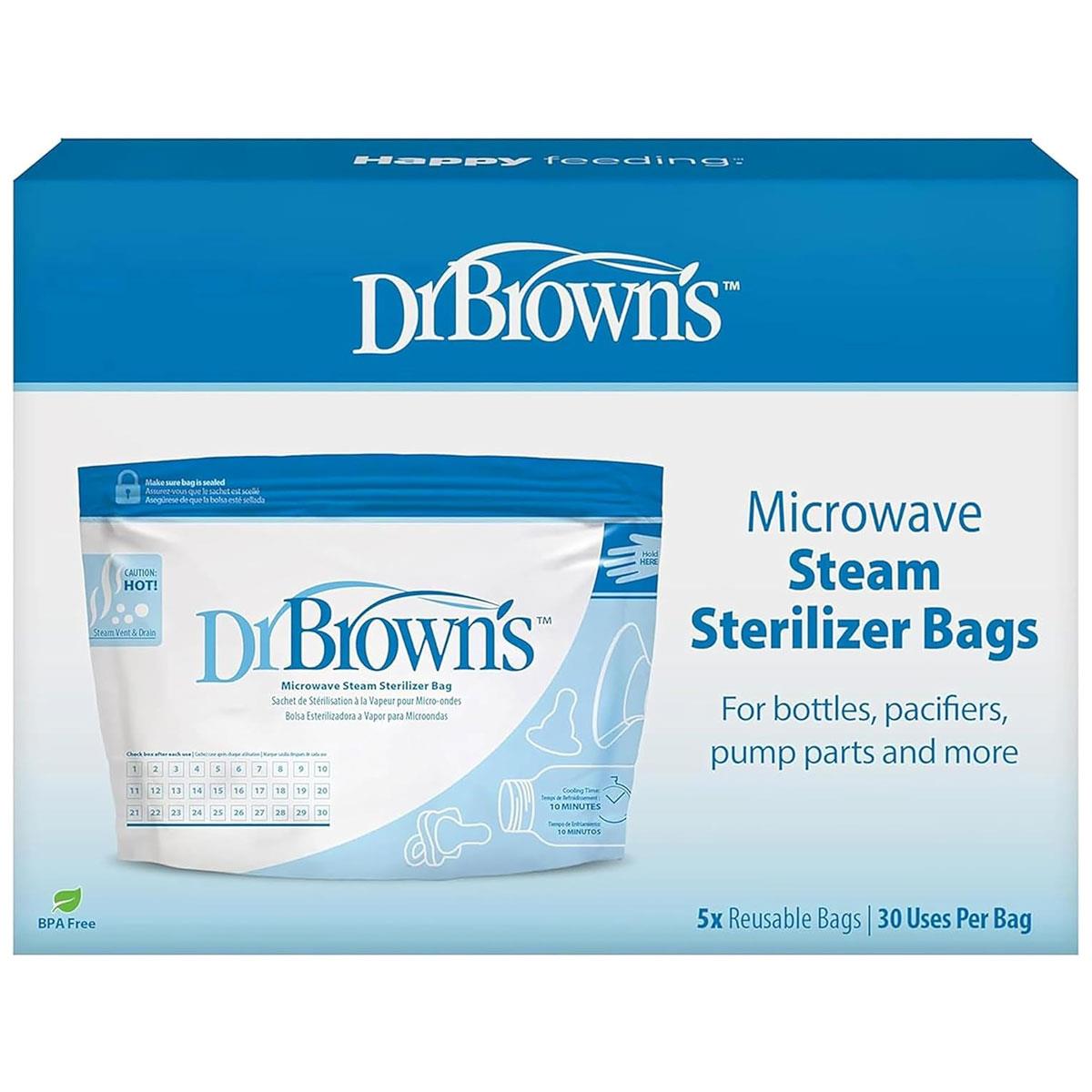 Dr Brown Microwave Steam Sterilizer Bags Baby Bottle Travel Reusable 5 Pack BPA-Free