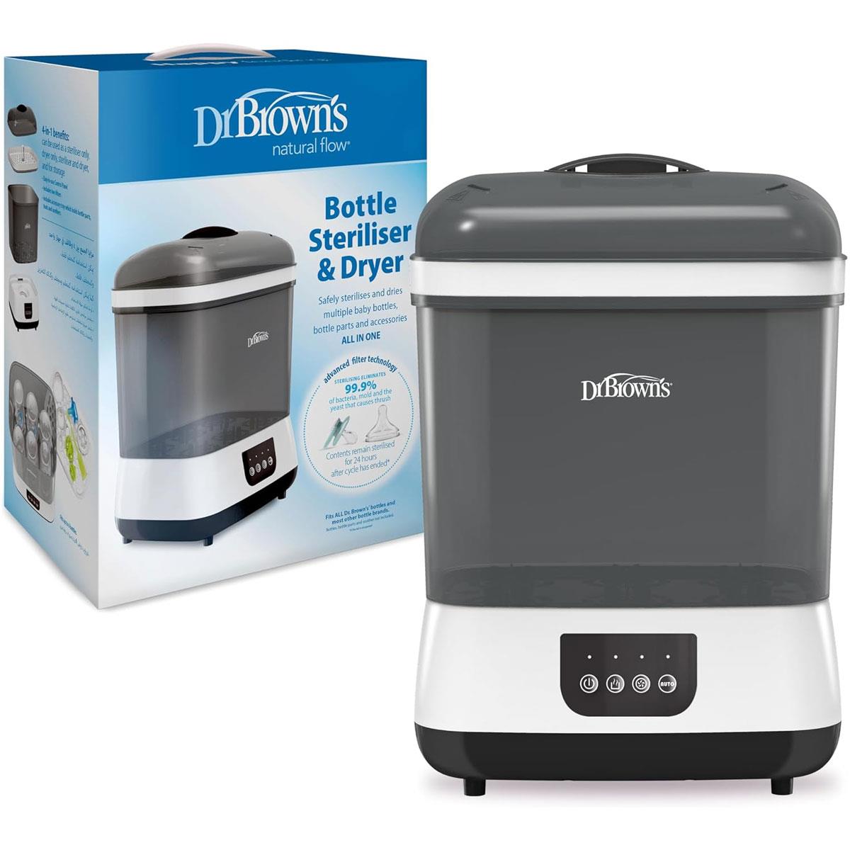 Dr Brown All-in-One Baby Bottle Steriliser and Dryer Steam HEPA Filter 6 Bottle Capacity White/Grey
