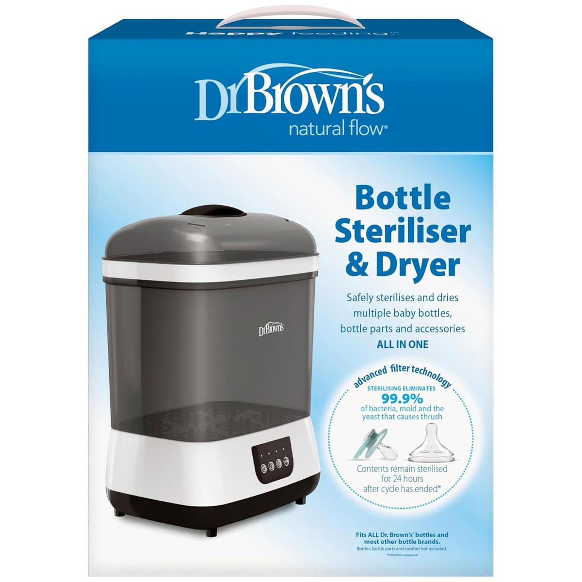 Dr Brown All-in-One Baby Bottle Steriliser and Dryer Steam HEPA Filter 6 Bottle Capacity White/Grey - Image 2